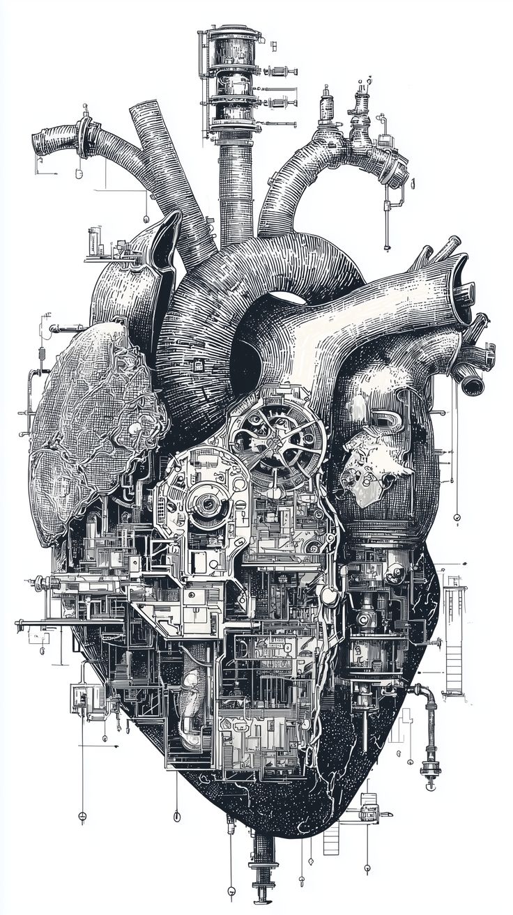 Detailed mechanical heart reference drawing