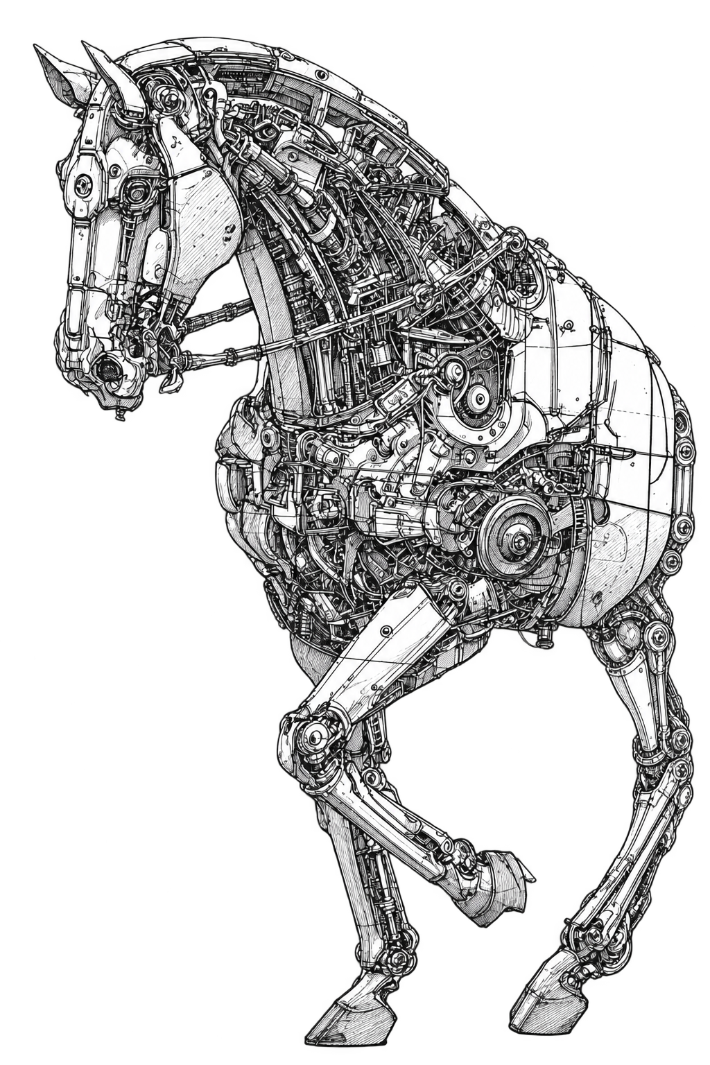Detailed mechanical horse reference drawing