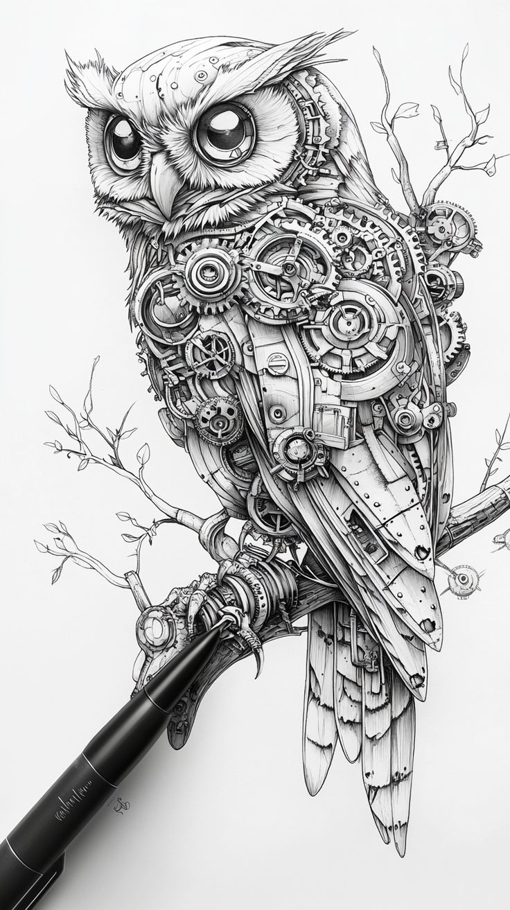 Detailed mechanical owl reference drawing