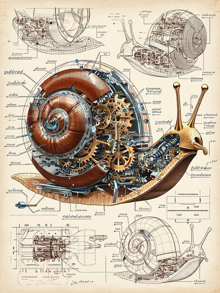 Detailed mechanical snail reference drawing