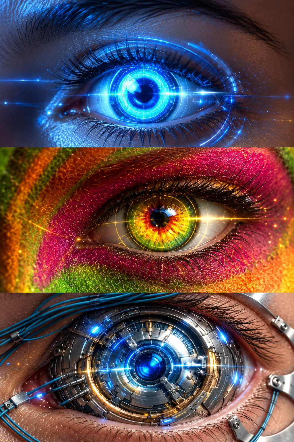 Three supplied eyes: blue neural, gold human and silver cybernetic